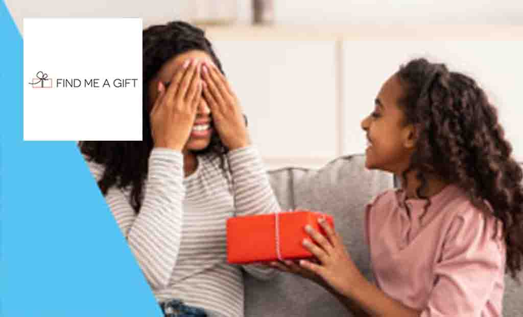 Find me a gift logo placed over an image of a daughter gifting her mum 