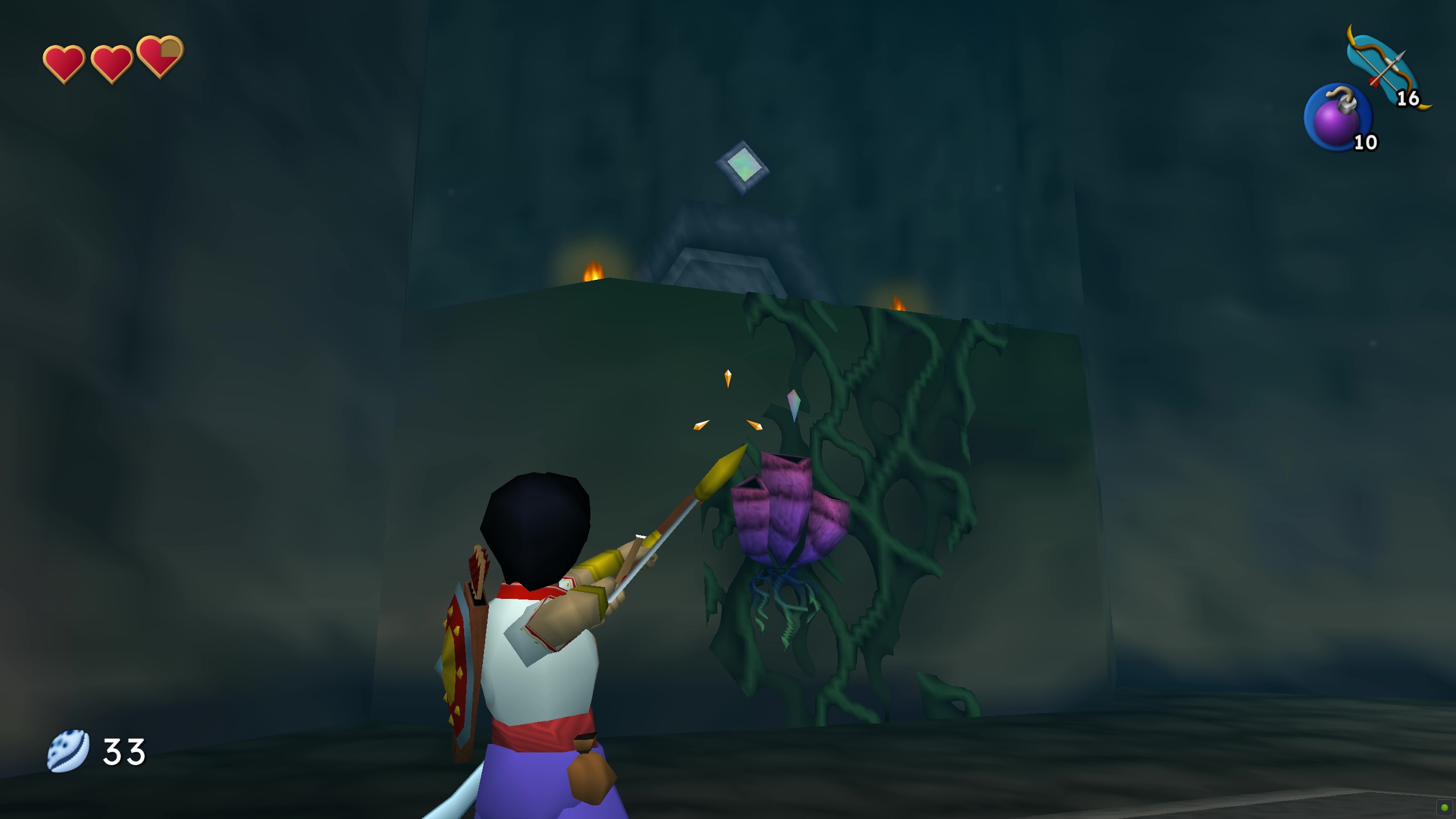 Aiming a bow at a vine growth in Azaran: Islands of the Jinn