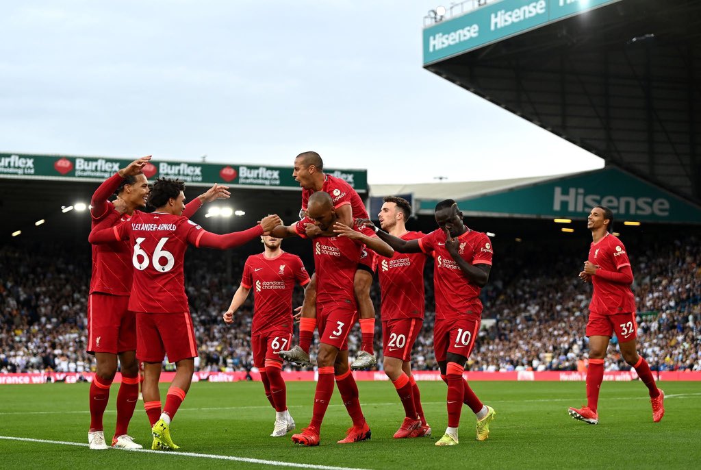 Liverpool celebrating their win over Leeds United