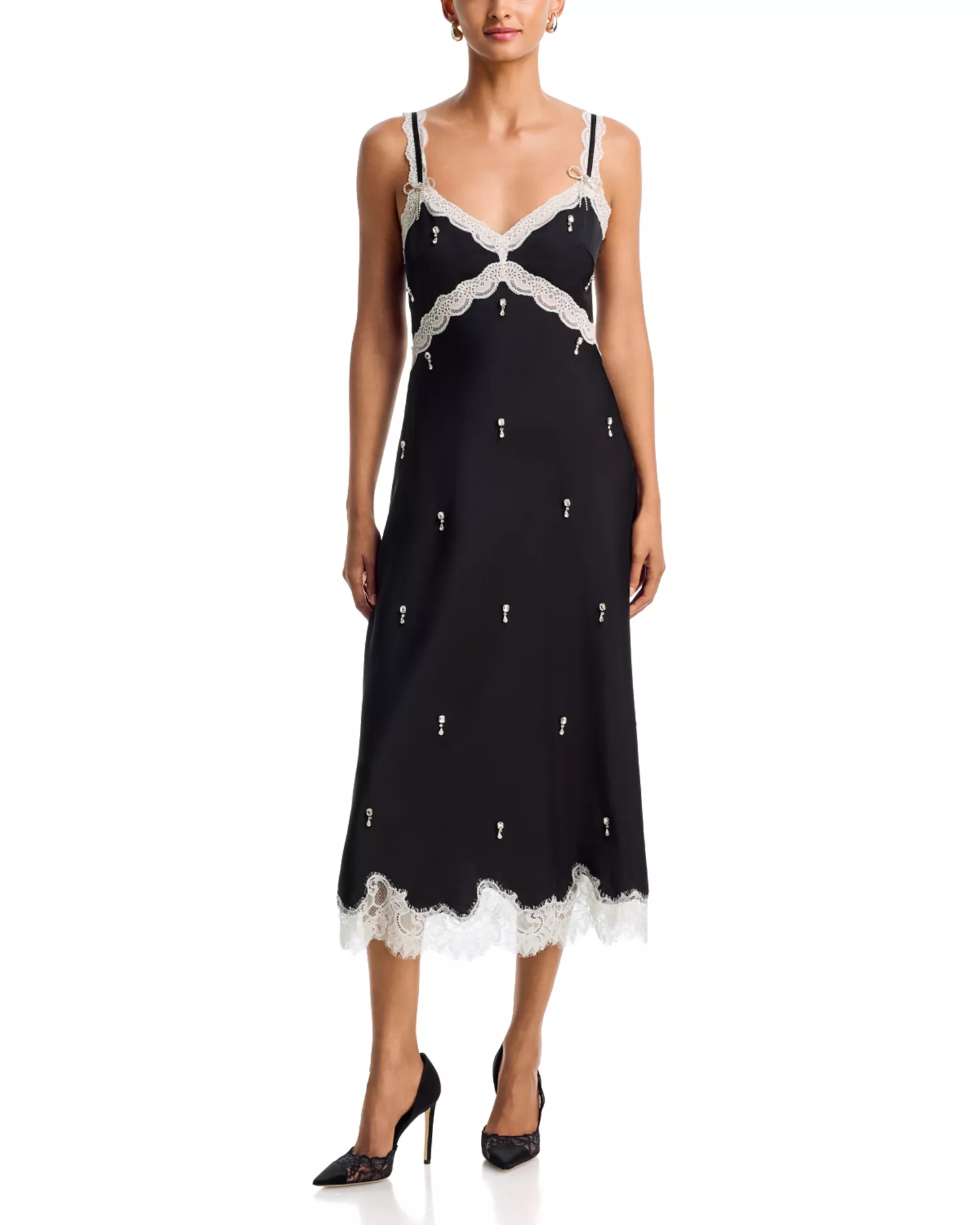 AQUA x Nicky Hilton, Lace Trim Crystal Embellished Slip Dress
