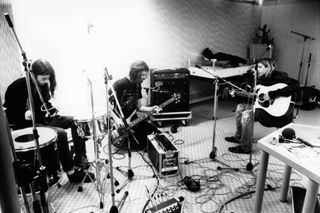 (from left) Dave Grohl, Krist Novoselic, and Kurt Cobain recording in Hilversum Studios in 1991