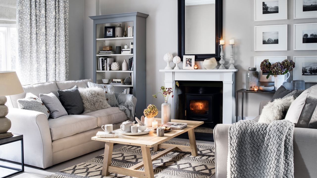 Grey living room with sofa, coffee table, fireplace and bookshelves