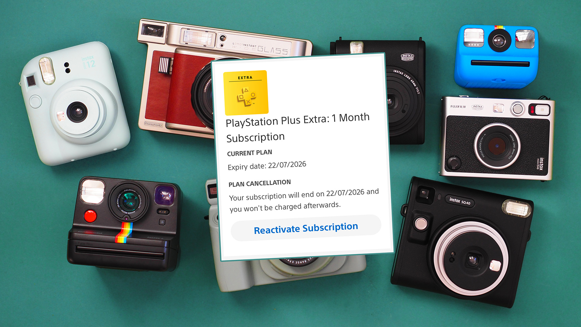 Sony PS Plus cancellation screenshot in front of instant cameras