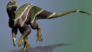 A digital image of a raptor-like dinosaur with striped gray, brown and green skin on a blue background