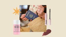 woman putting passport in bag on a bright beige background with Sol de Janeiro Rio Dio and Glossier Lash Slick mascara