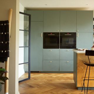 Modern green kitchen with gold island and crittall doors.