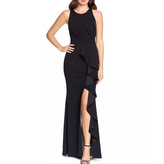 Betsey & Adam black dress with front split and ruffle