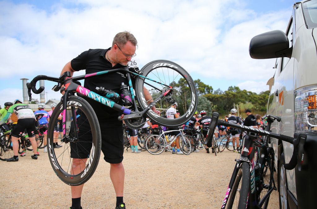 The Canyon-SRAM mechanic checks the bike over before racing kicks off