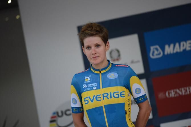 Emma Johansson (Sweden) on the podium for her 2nd place result in the road race world championship