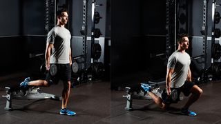 Man demonstrates two positions of the Bulgarian split squat with dumbbells