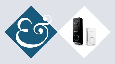 Philips 7000 Series Video Doorbell on tile background next to Homes & Gardens '&' logo.