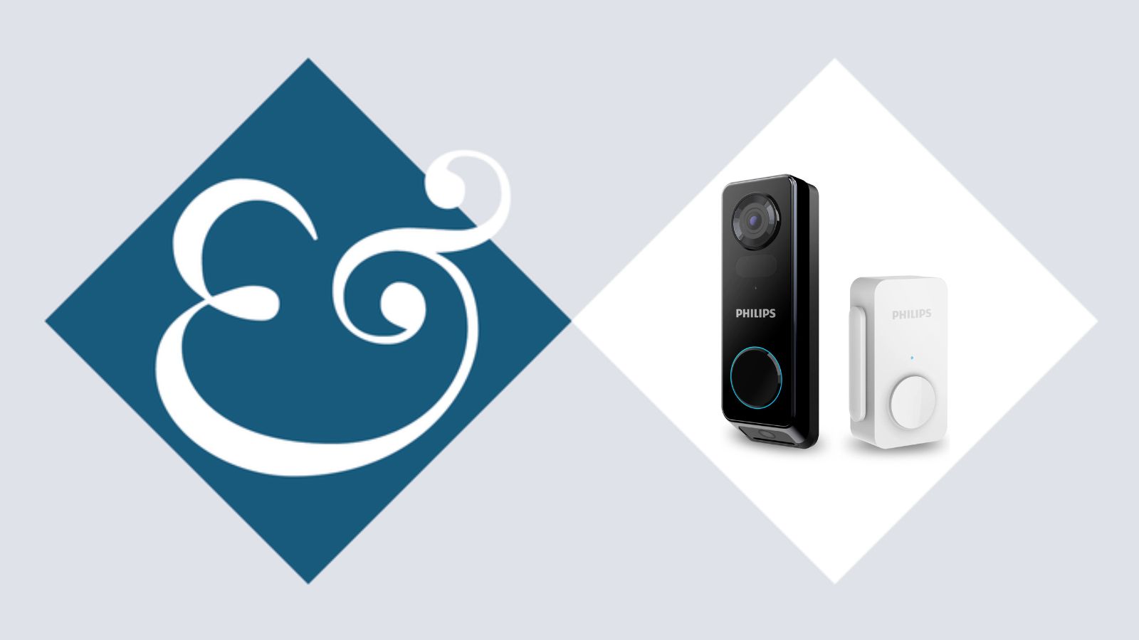 Philips 7000 Series Video Doorbell on tile background next to Homes &amp; Gardens '&amp;' logo.