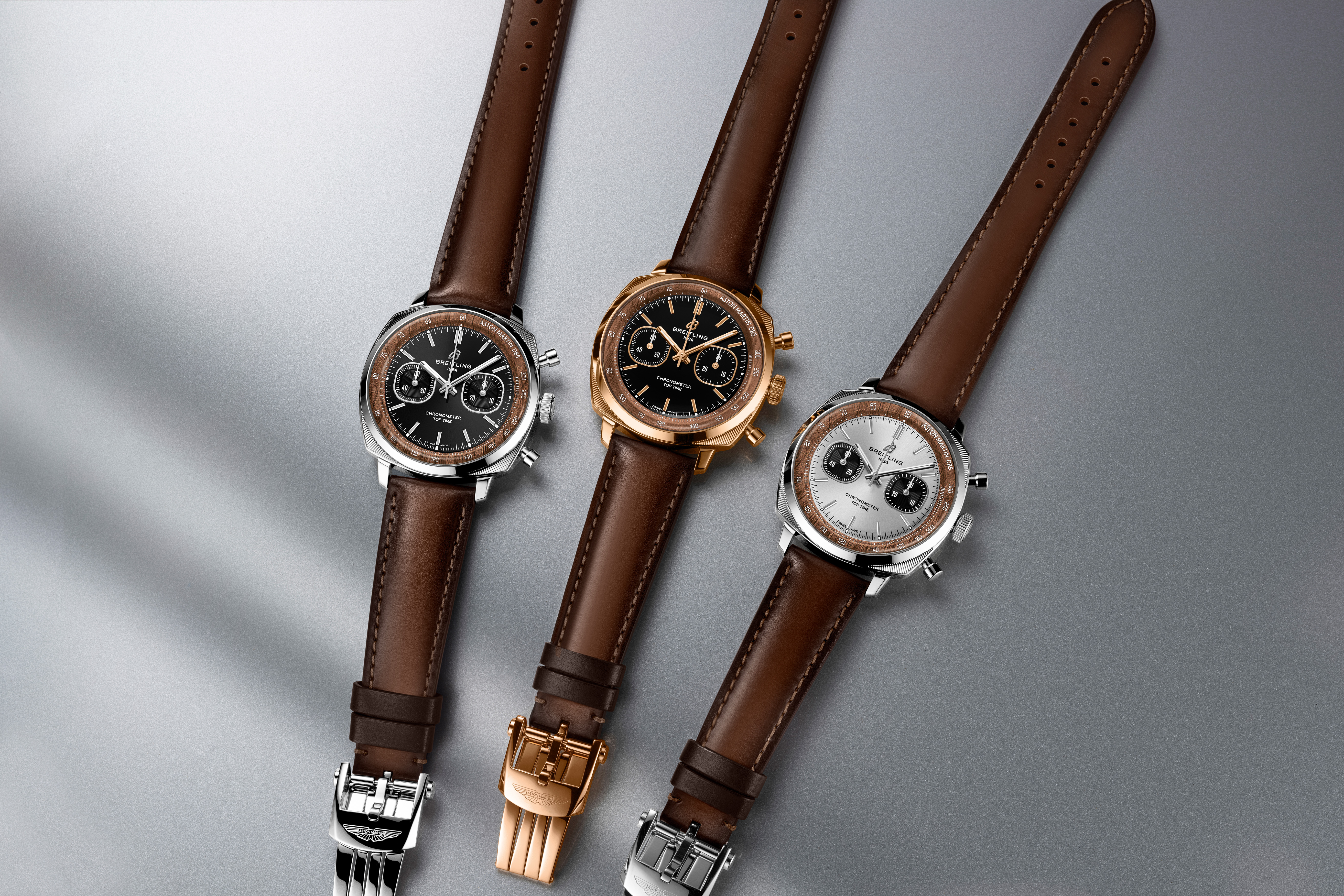 The three editions in the Breitling and Aston Martin DB5 Top Time Tribute