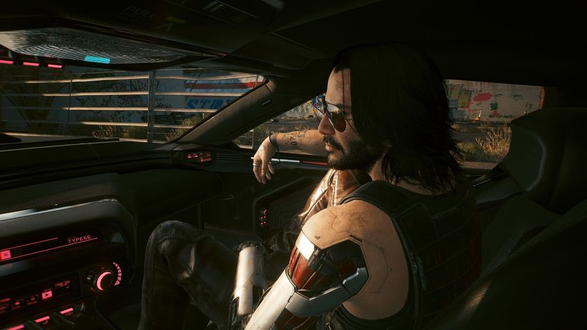 Cyberpunk 2077 screenshot showing Johnny Silverhand sitting the passenger seat of V&#039;s car