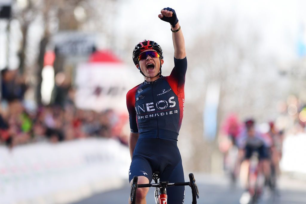 SAN MARINO ITALY MARCH 24 Ben Tulett of United Kingdom and Team INEOS Grenadiers celebrates at finish line as stage winner during the 36th Settimana Internazionale Coppi e Bartali 2022 Stage 3 a 1471km stage from San Marino to San Marino 648m CoppieBartali on March 24 2022 in San Marino Italy Photo by Dario BelingheriGetty Images