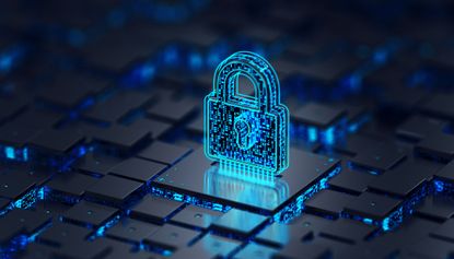 Neon blue padlock with code flowing over it, floating above small plinths raised at different heights, each with code underneath their platforms