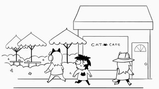 A screenshot of the experience "Sarah Andersen Comics 'After Owning a Cat,' in partnership with An Infinite Story" showing Sarah walking around a cat-filled world.