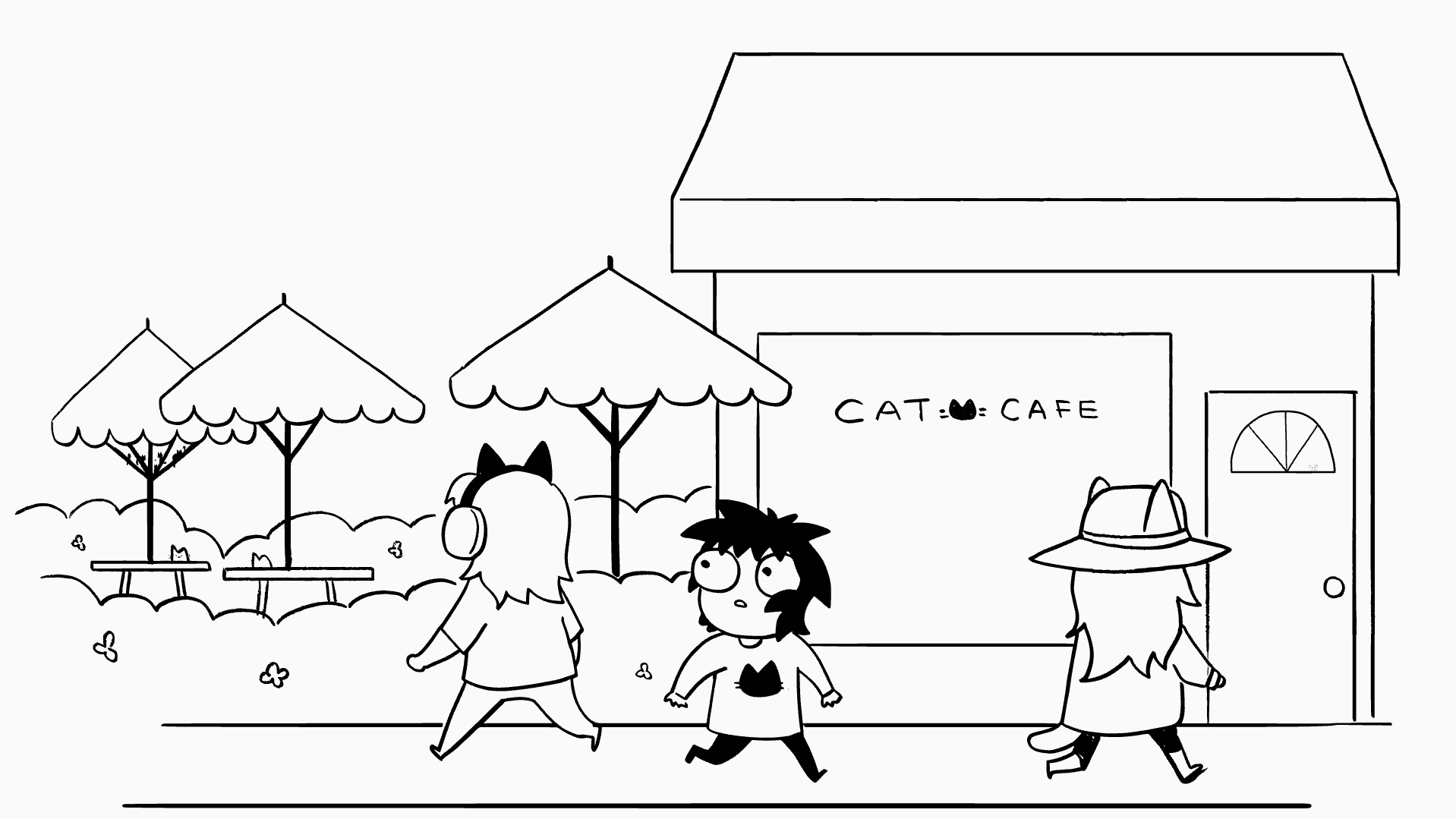 A screenshot of the experience "Sarah Andersen Comics 'After Owning a Cat,' in partnership with An Infinite Story" showing Sarah walking around a cat-filled world.