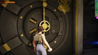 Fortnite - a player stands in front of a large col blooded vault door