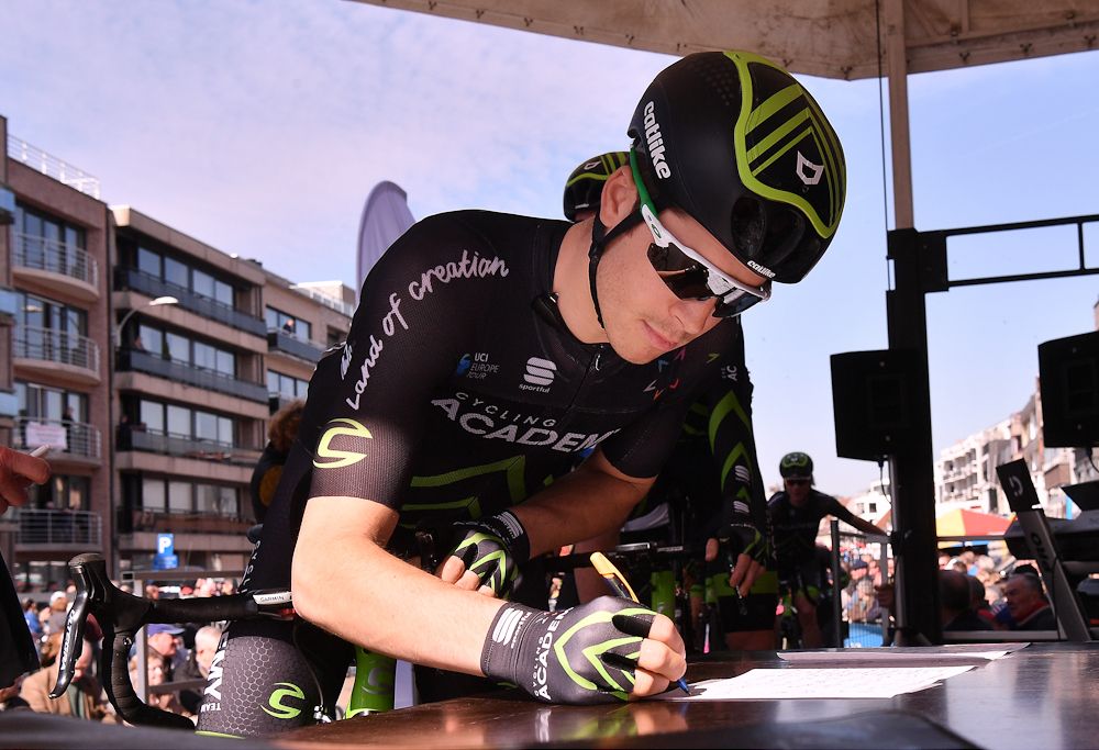Ben Perry (Cycling Academy) signs in before the start of Nokere Koerse