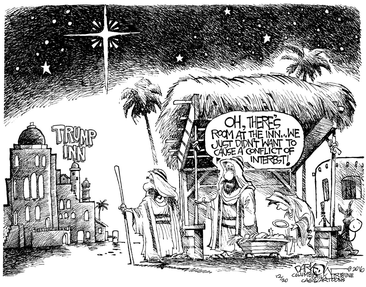 Political cartoon U.S. Donald Trump Christmas hotel conflict interest