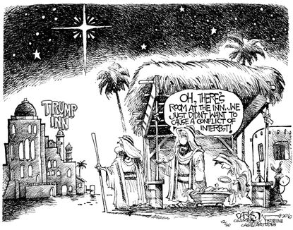 Political cartoon U.S. Donald Trump Christmas hotel conflict interest