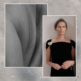 a trio of images, one of a black and white photo of a woman's back, a close up of serum, and a woman with gray hair in a black dress
