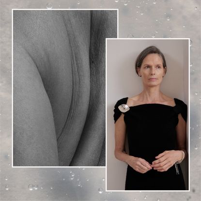 a trio of images, one of a black and white photo of a woman's back, a close up of serum, and a woman with gray hair in a black dress