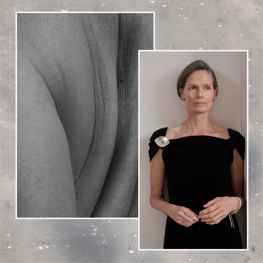 a trio of images, one of a black and white photo of a woman's back, a close up of serum, and a woman with gray hair in a black dress