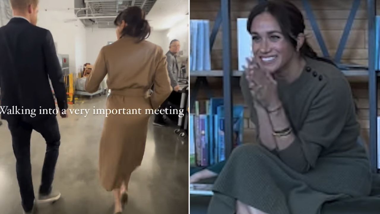 Meghan Markle wears an olive green outfit and a camel trench coat