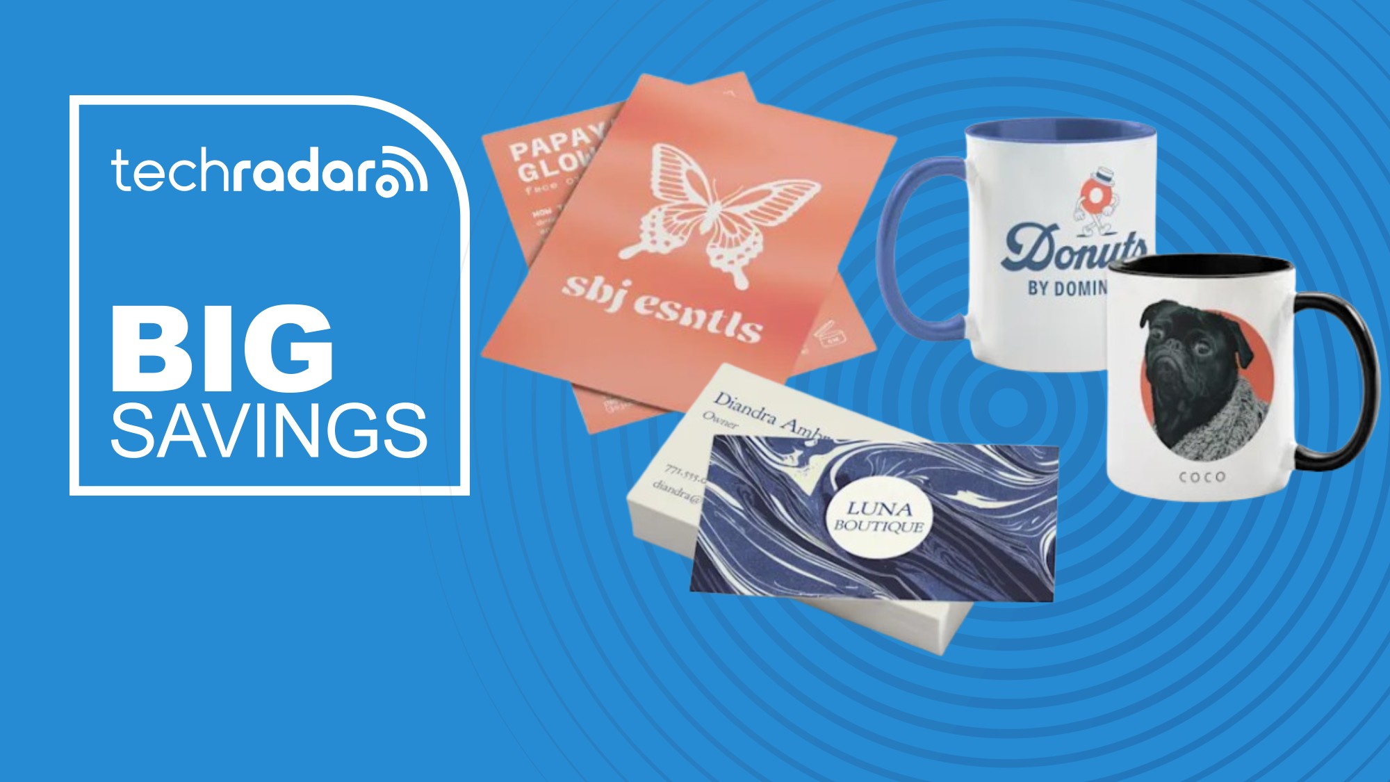 VistaPrint's custom business cards, flyers, and mugs on a blue background next to a TechRadar badge that reads 'Big Savings'