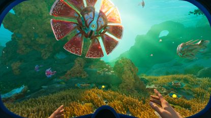 Subnautica 2 screenshot showing a strange fish-like creature with several fins fanning out not unlike a flower in an alien underwater world