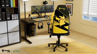 The Pikachu, Eevee, and Gengar editions of the Secretlab Titan Evo gaming chair are seen in various gaming PC desk setups.