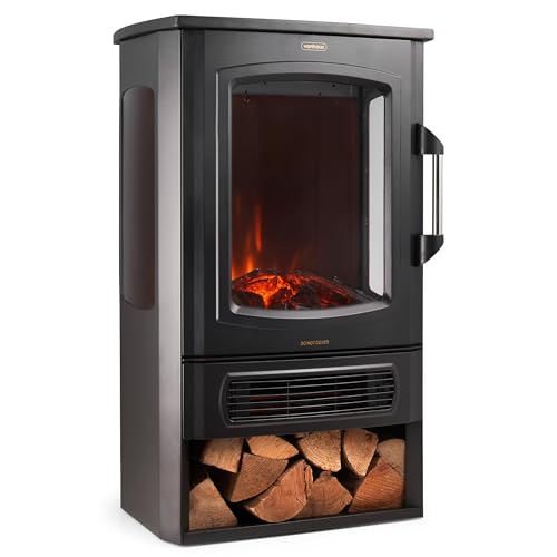 Vonhaus Panoramic Stove Heater With Log Storage &amp;ndash; 3-Sided Electric Fireplace With Led Flame Effect &amp;ndash; 2000w &amp;ndash; Freestanding and Portable W/overheat Protection &amp;ndash; 2 Heat Settings