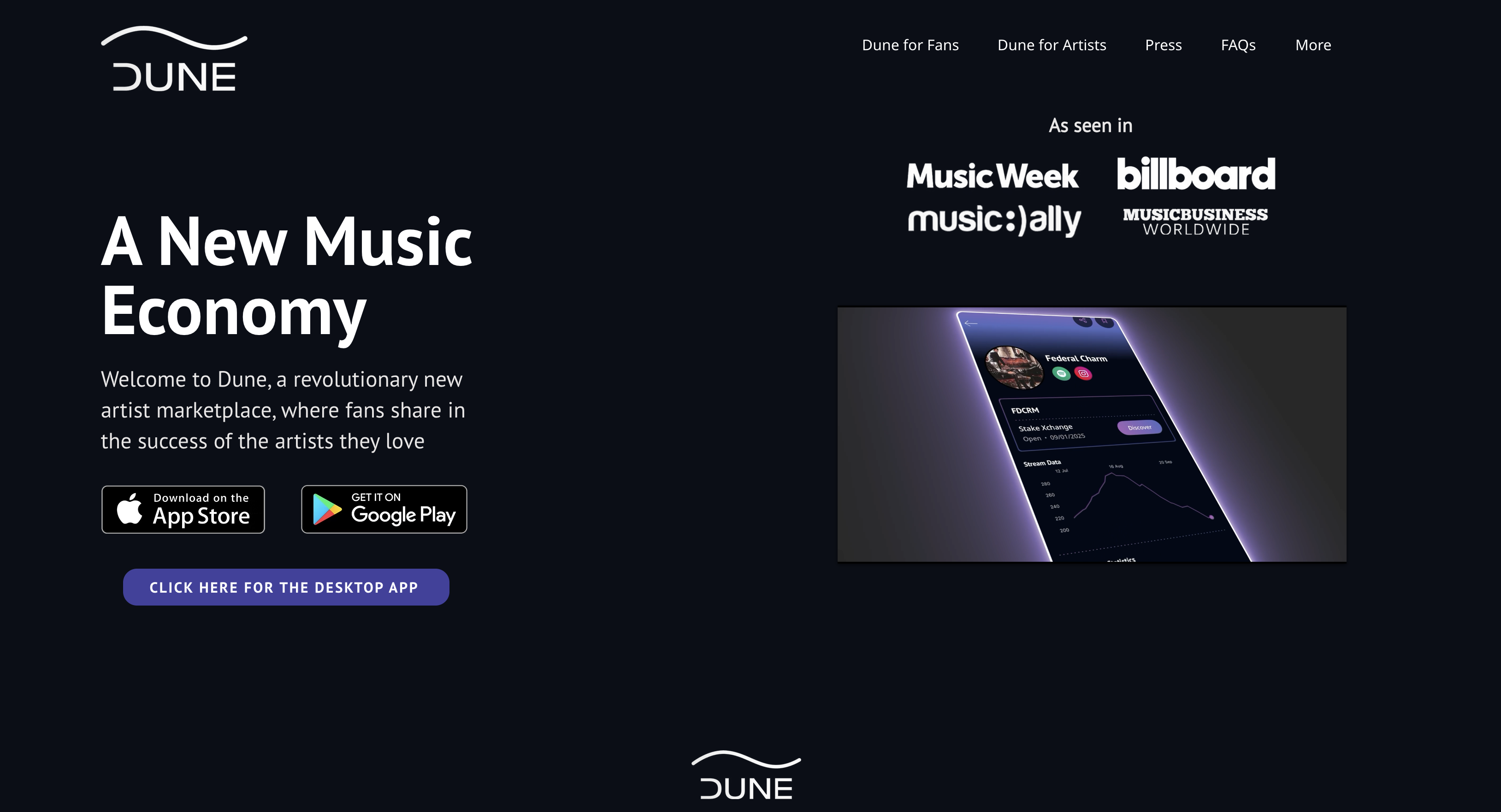 Dune app screen, in the app store, with dark background and purple accents
