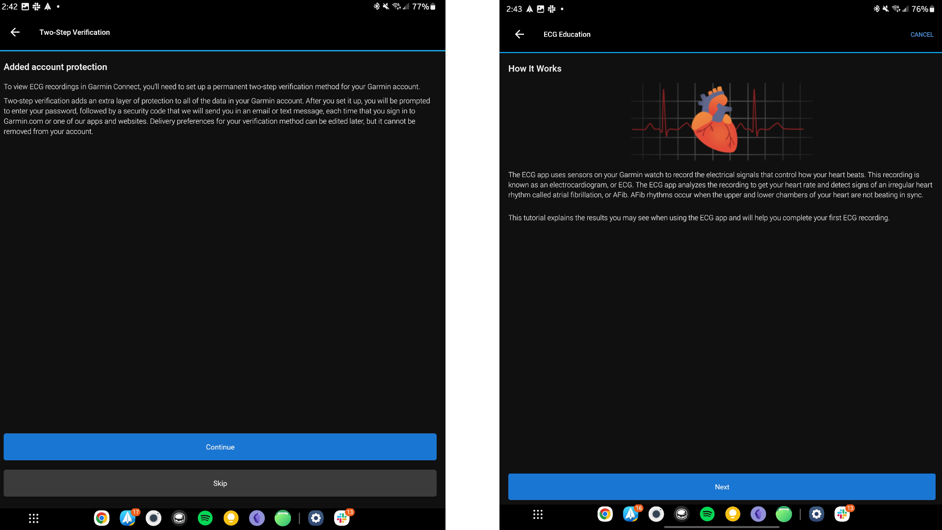 Capturas de tela mostrando o processo passo a passo para adicionar o aplicativo ECG ao Garmin Venu 2 Plus.