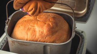 A baked loaf of bread being removed from a bread machine