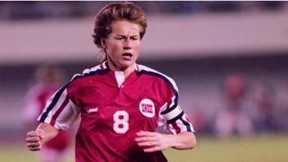 Heidi Store (#8) of Norway in action during play in the final of the 1991 FIFA Women's World Cup between Norway and the United States at the Tianhe Stadium in Guangzhou, China on 30th November 1991. The United States team would go on to win the match 2-1 to become champions. (Photo by Bob Thomas via Getty Images)