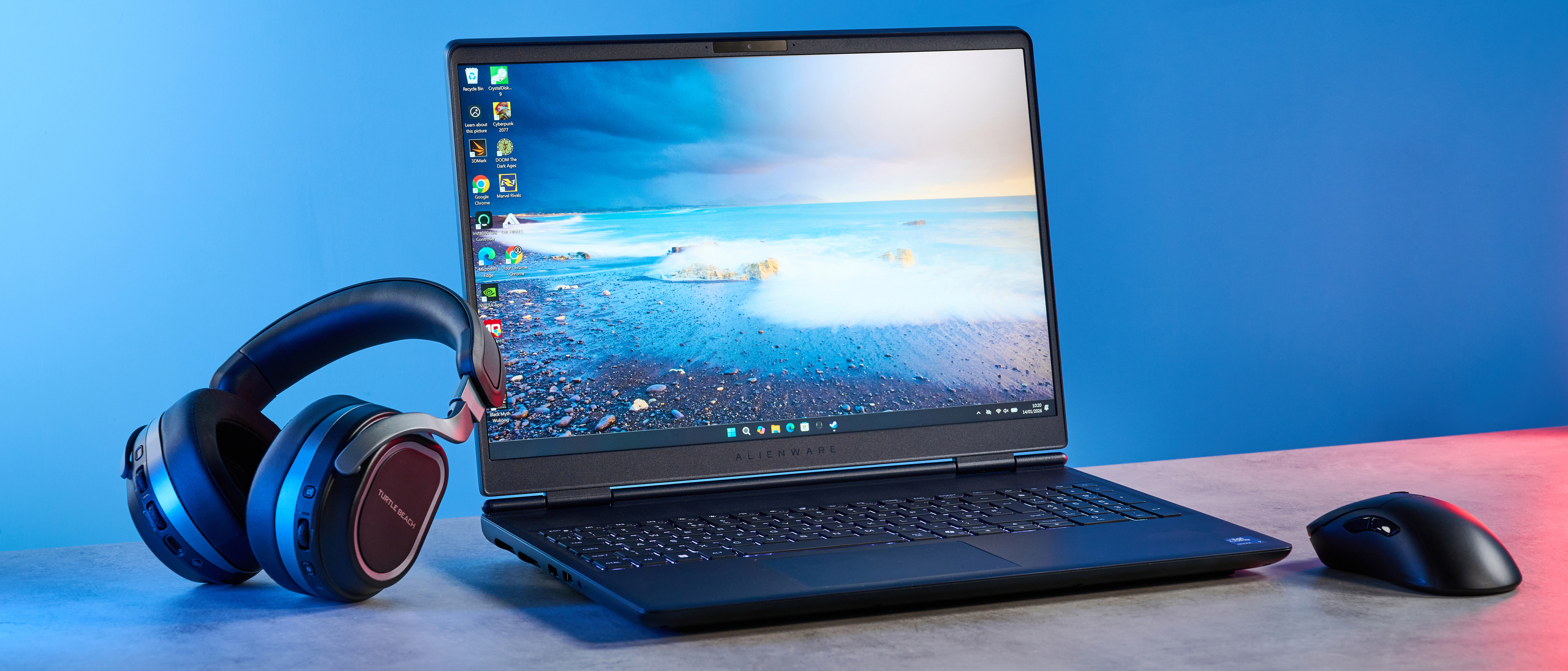 A blue Alienware 16X Aurora gaming laptop