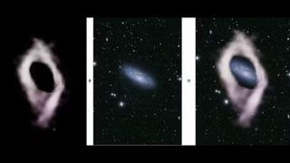 Left: the hydrogen ring discovered by ASKAP around the spiral galaxy NGC 4632, after removing the bright hydrogen emission detected in the galaxy’s disk. Middle: An optical image of the stellar disk from the Subaru telescope. Right: Composite image showing the stellar disk of NGC 4632 surrounded by the large hydrogen ring.