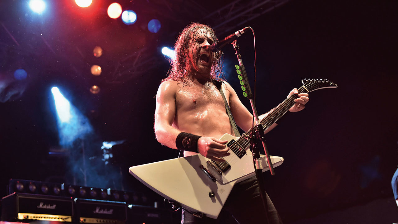 A photograph of Joel O&#039;Keeffe from Airbourne onstage