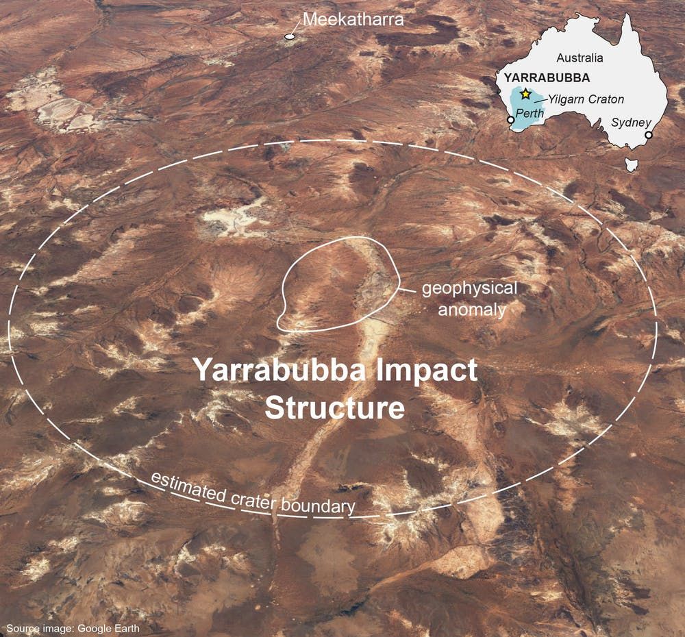 A Google Earth image of the Yarrabubba impact structure in Western Australia, with the vanished crater drawn in by the authors.