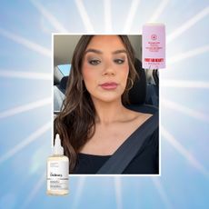 a girl in a car with long brown hair and gold hoops on a sunlit background next to a purple chafing stick and a bottle of glycolic acid skincare
