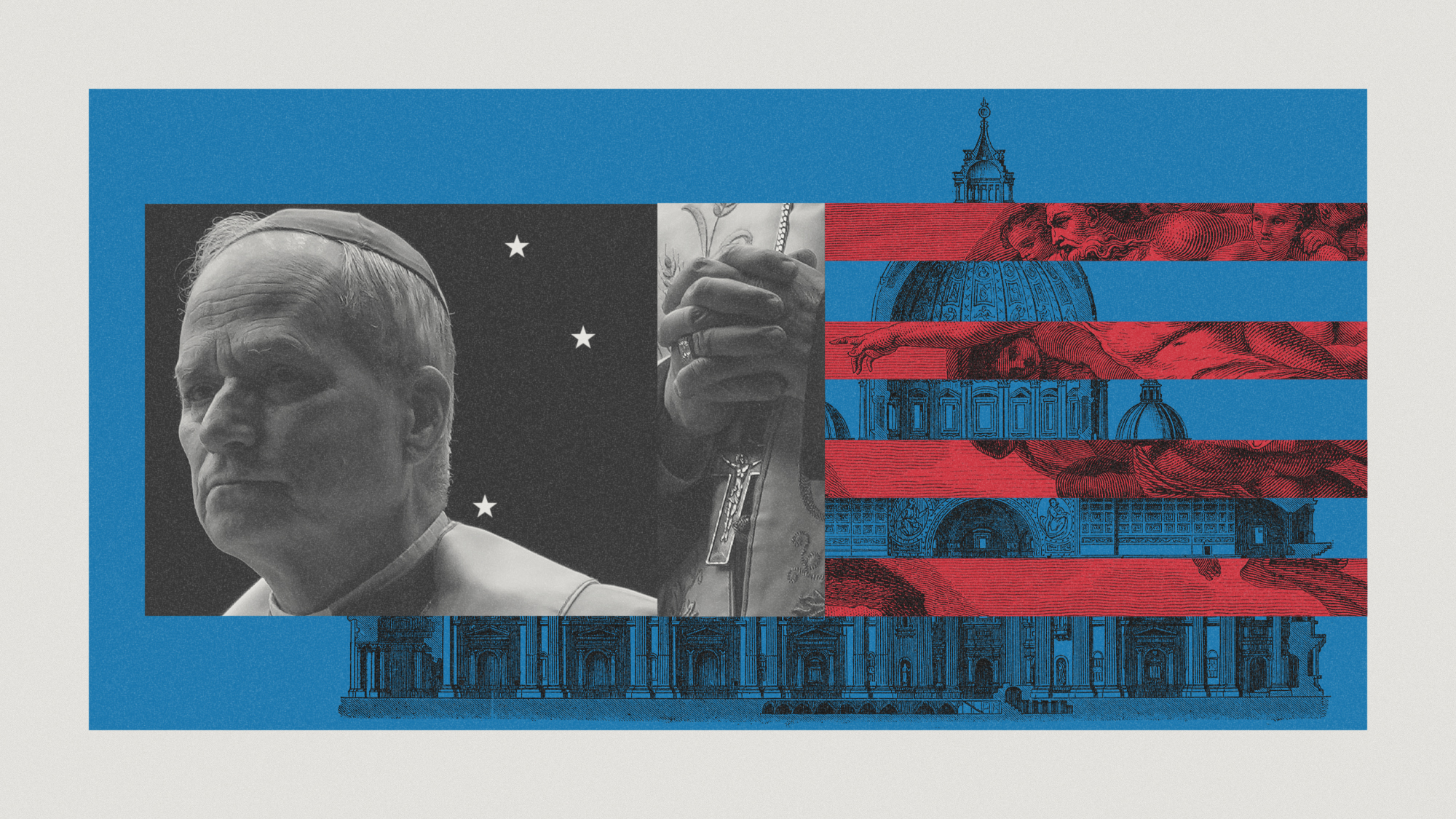 Photo composite illustration of Cardinal Prevost and engravings of Saint Peter's Basilica and Michelangelo's The Creation of Man 