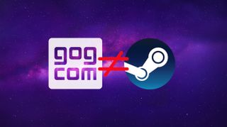 GOG.com logo next to a Steam logo on a purple starry background, with a red equals sign separating them.
