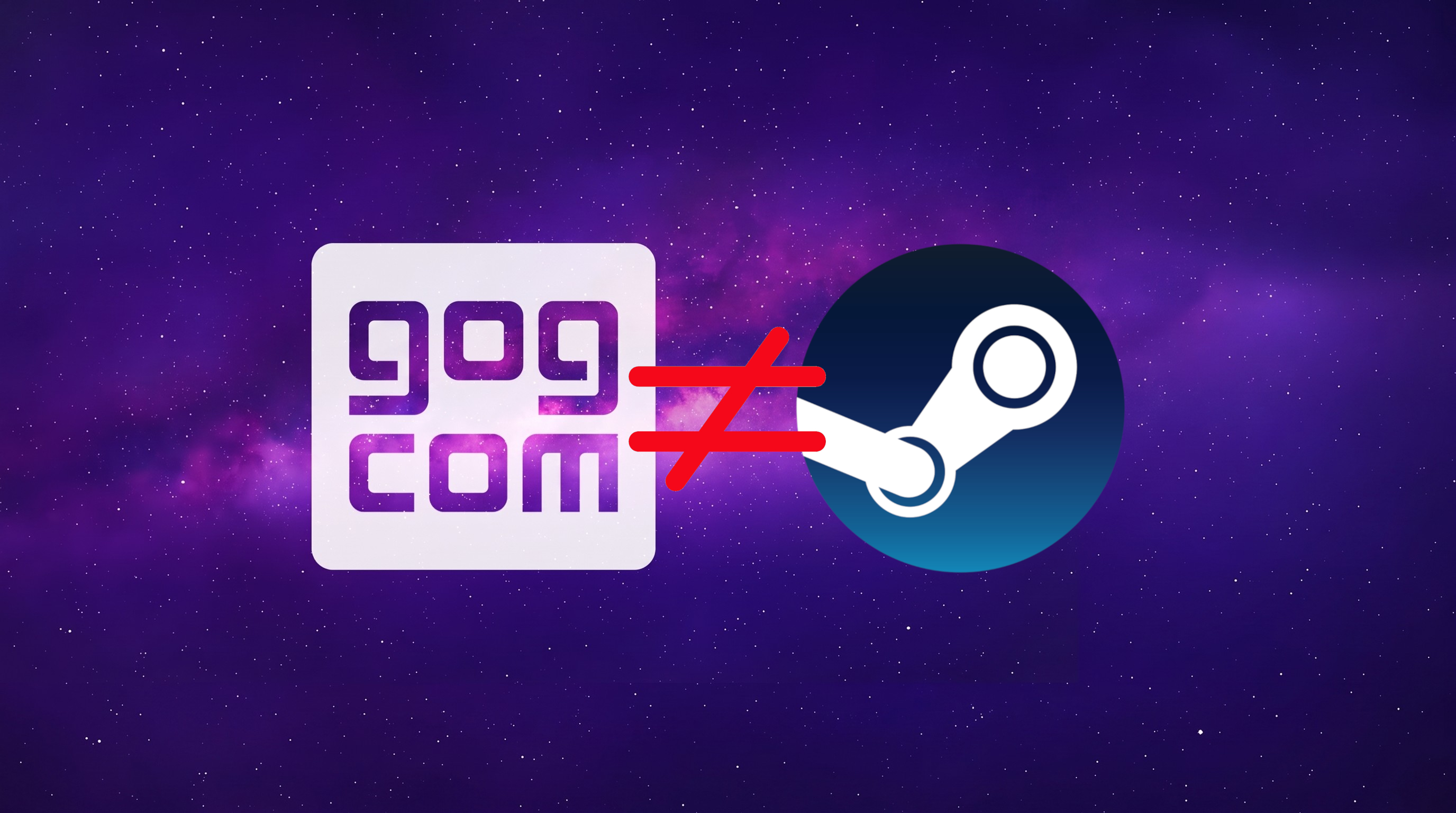 GOG.com logo next to a Steam logo on a purple starry background, with a red equals sign separating them.