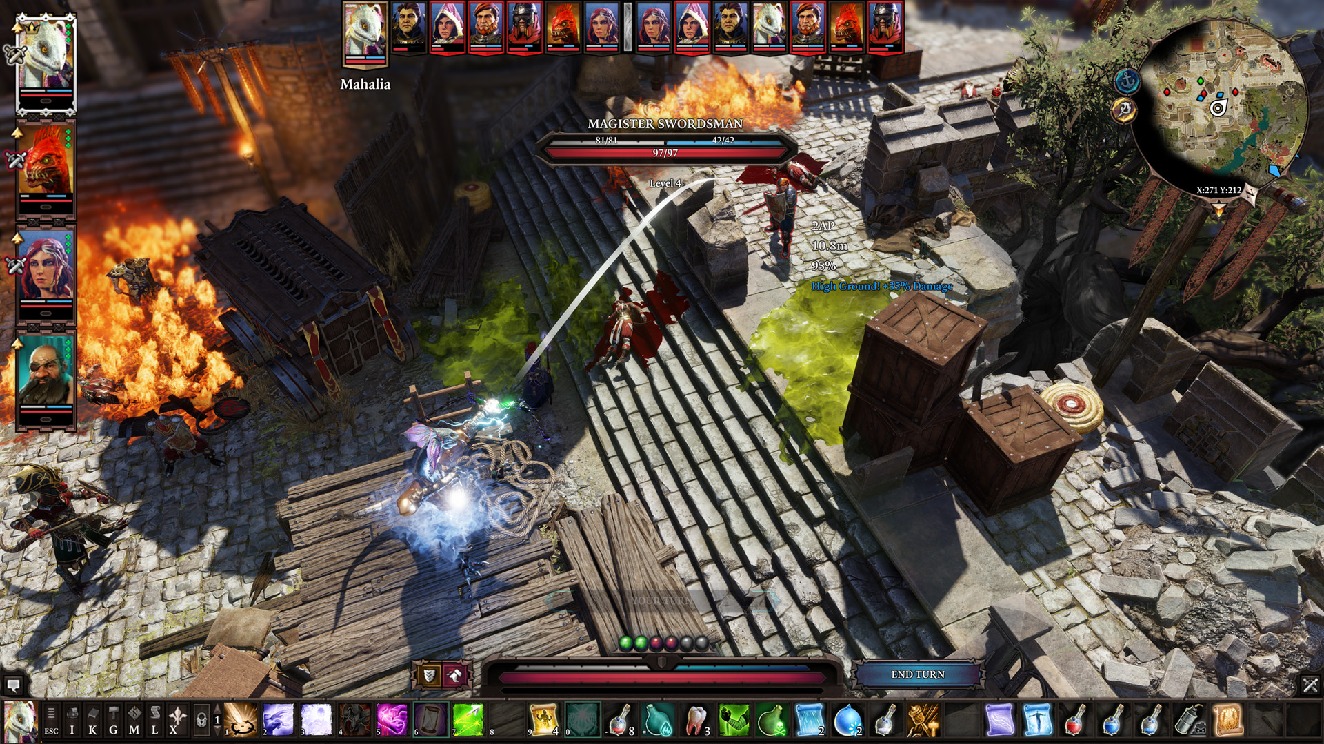 In Divinity Original Sin 2, the player character who's a lizard takes aim at an enemy with a crossbow during turn-based combat