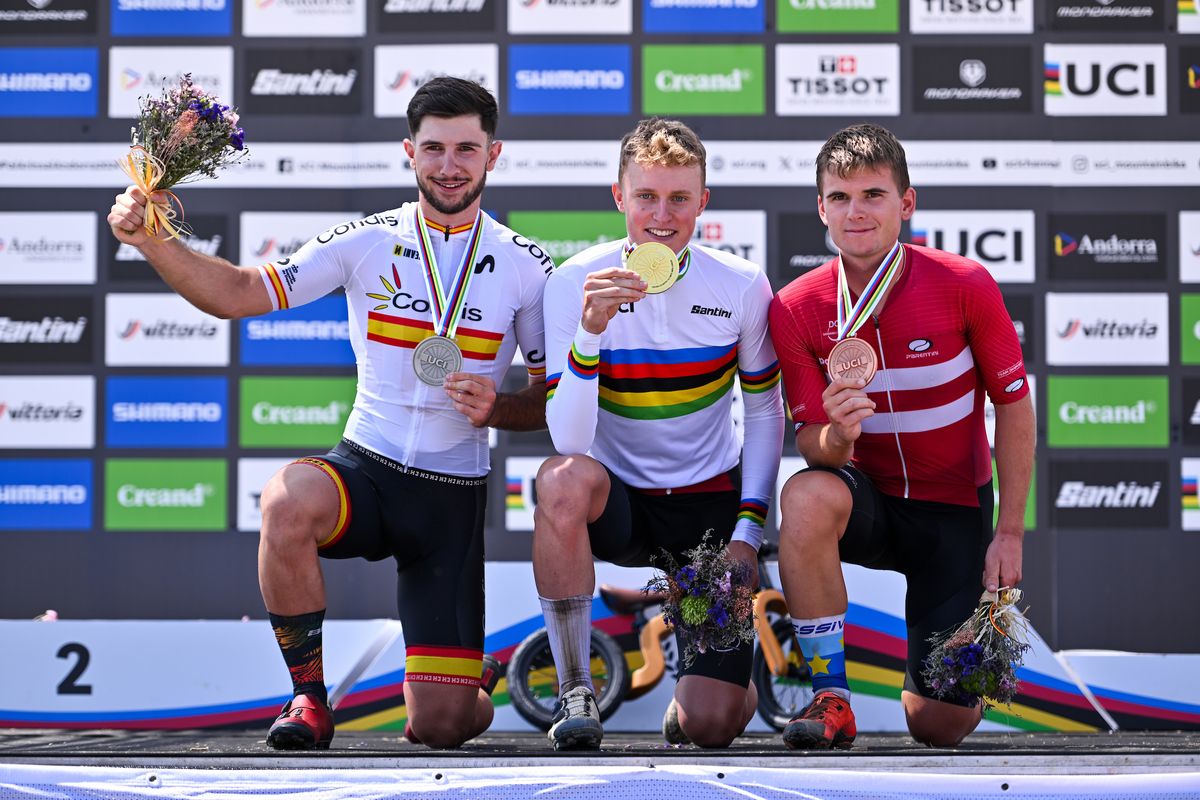 The final men's podium at the 2024 MTB World Championships junior men's XCO race