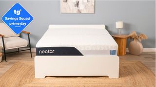The Nectar Classic in a modern bedroom. In the top left foreground, there is an Amazon Prime Day deal badge. 