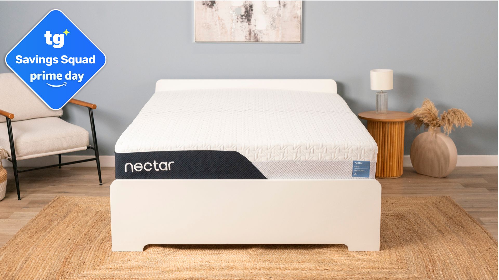 The Nectar Classic in a modern bedroom. In the top left foreground, there is an Amazon Prime Day deal badge. 